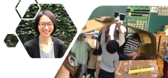 橋元 知子准教授のお写真と幼稚園の英語活動のイメージ写真