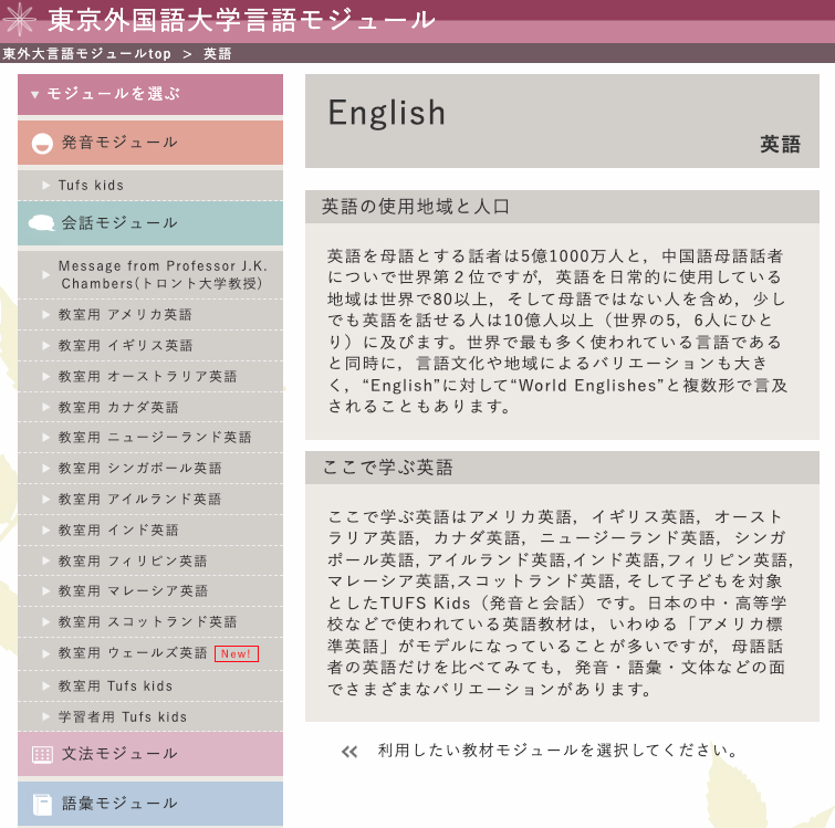 図｜東京外国語大学のウェブサイトで公開されている英語モジュール